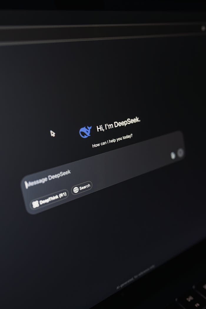 Services-03 Close-up of a laptop displaying an AI interface with a chatbot prompt in dark mode.